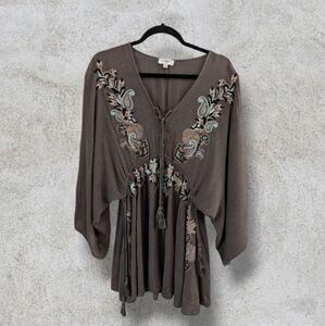 Boho Tunic - Green floral embroidery size S